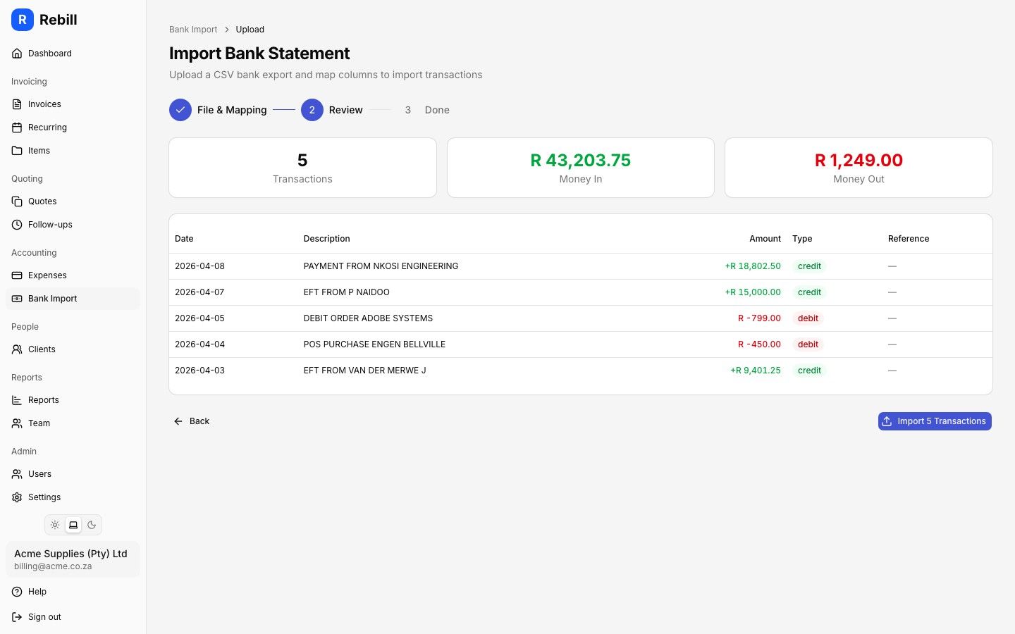 Rebill bank statement import review screen matching credit transactions to outstanding invoices