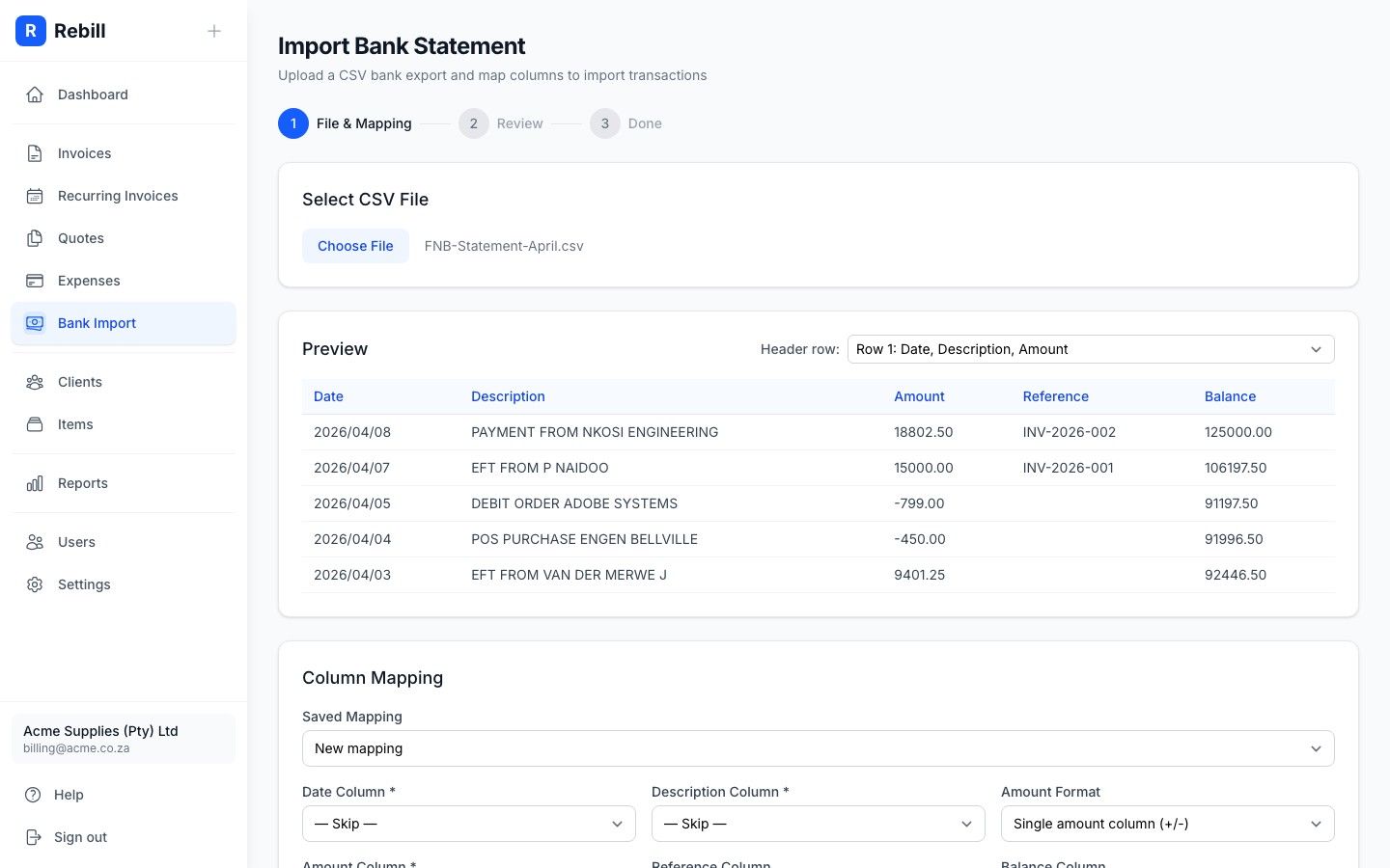 Rebill bank statement import review screen matching credit transactions to outstanding invoices