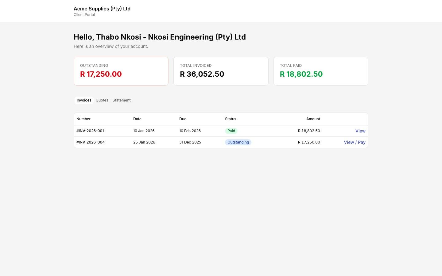 Rebill client portal showing a list of invoices with amounts, status and Pay Now buttons