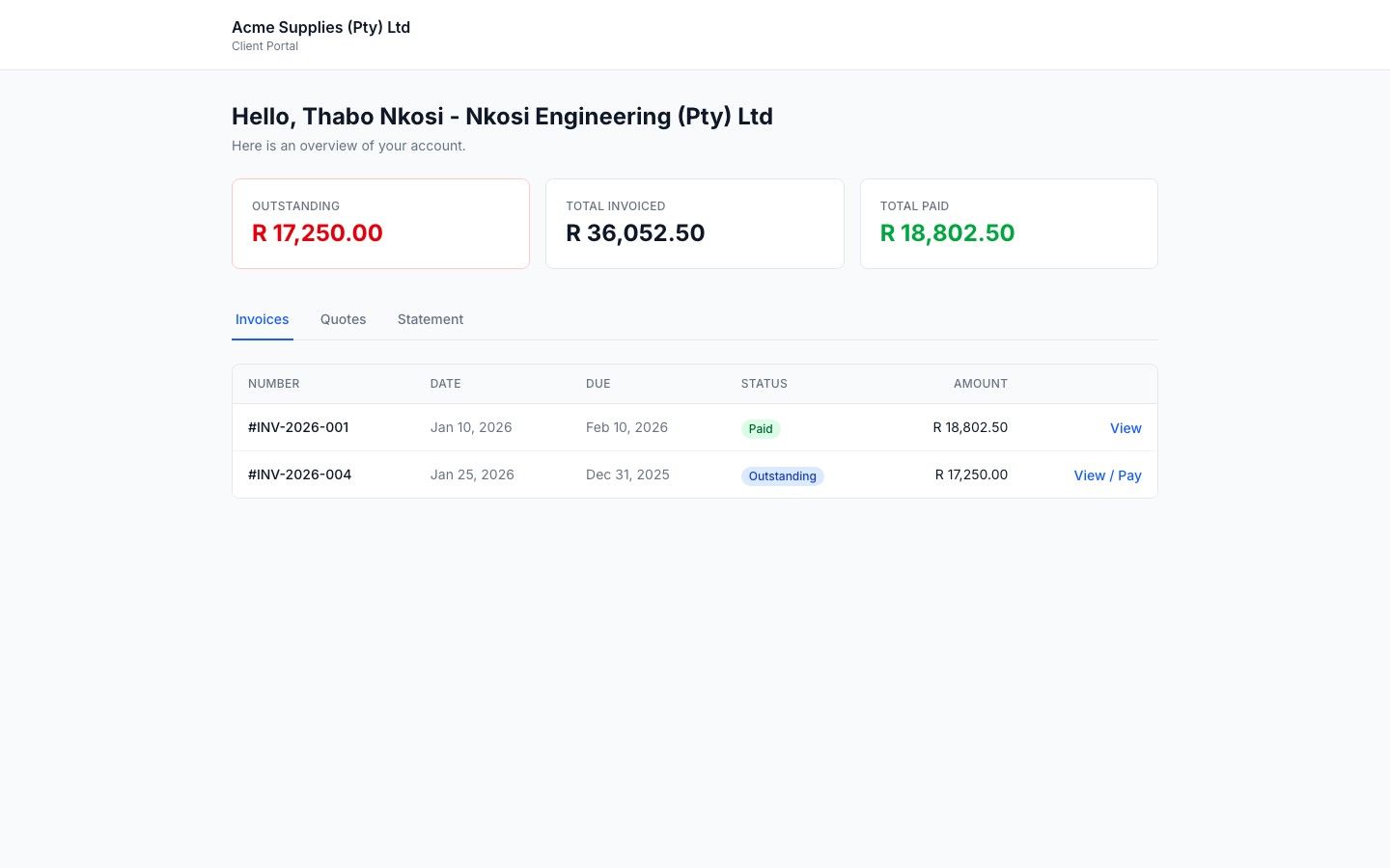 Rebill client portal showing a list of invoices with amounts, status and Pay Now buttons