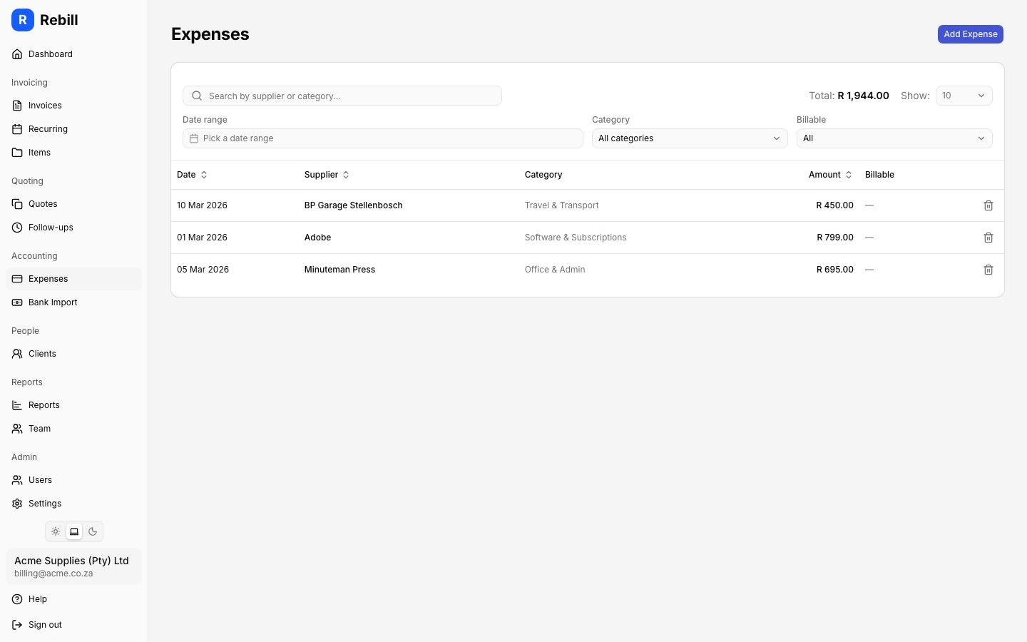 Rebill expenses list view showing categorised business expenses with supplier, date and VAT totals