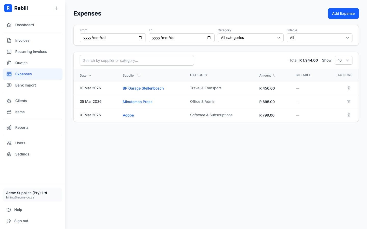 Rebill expenses list view showing categorised business expenses with supplier, date and VAT totals