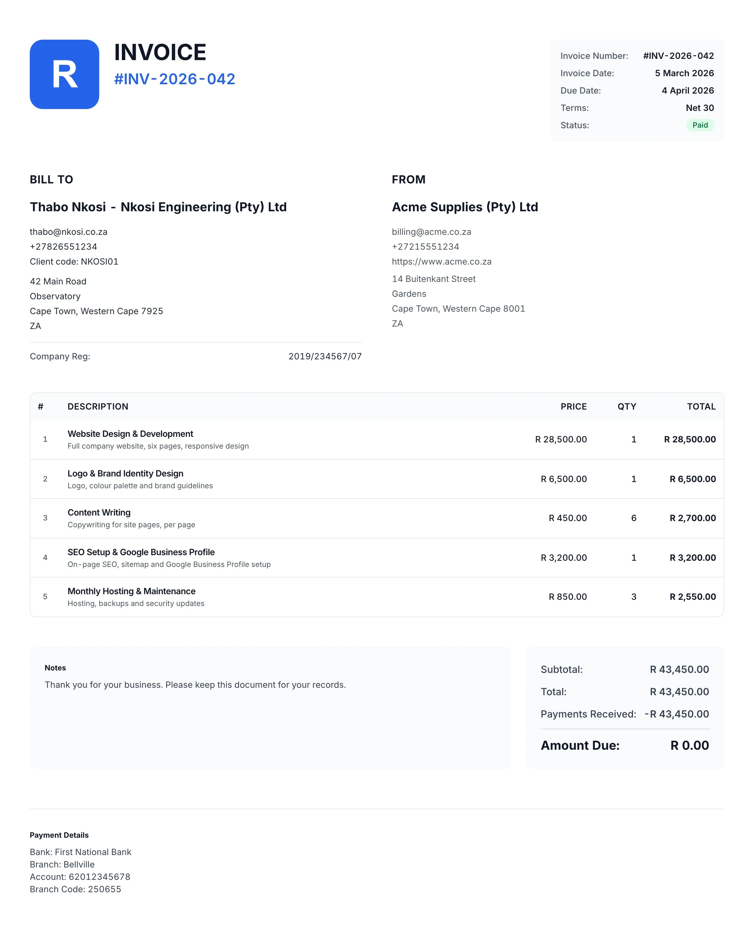 A Rebill invoice as the client sees it: business logo, client details, itemised lines, totals, banking details and a paid status