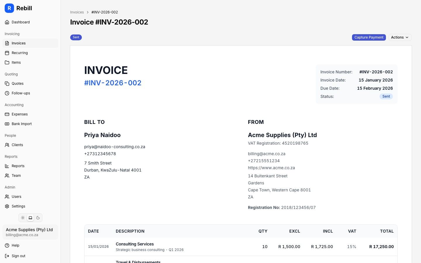 Rebill SARS-compliant tax invoice detail screen showing line items, VAT breakdown and sent status