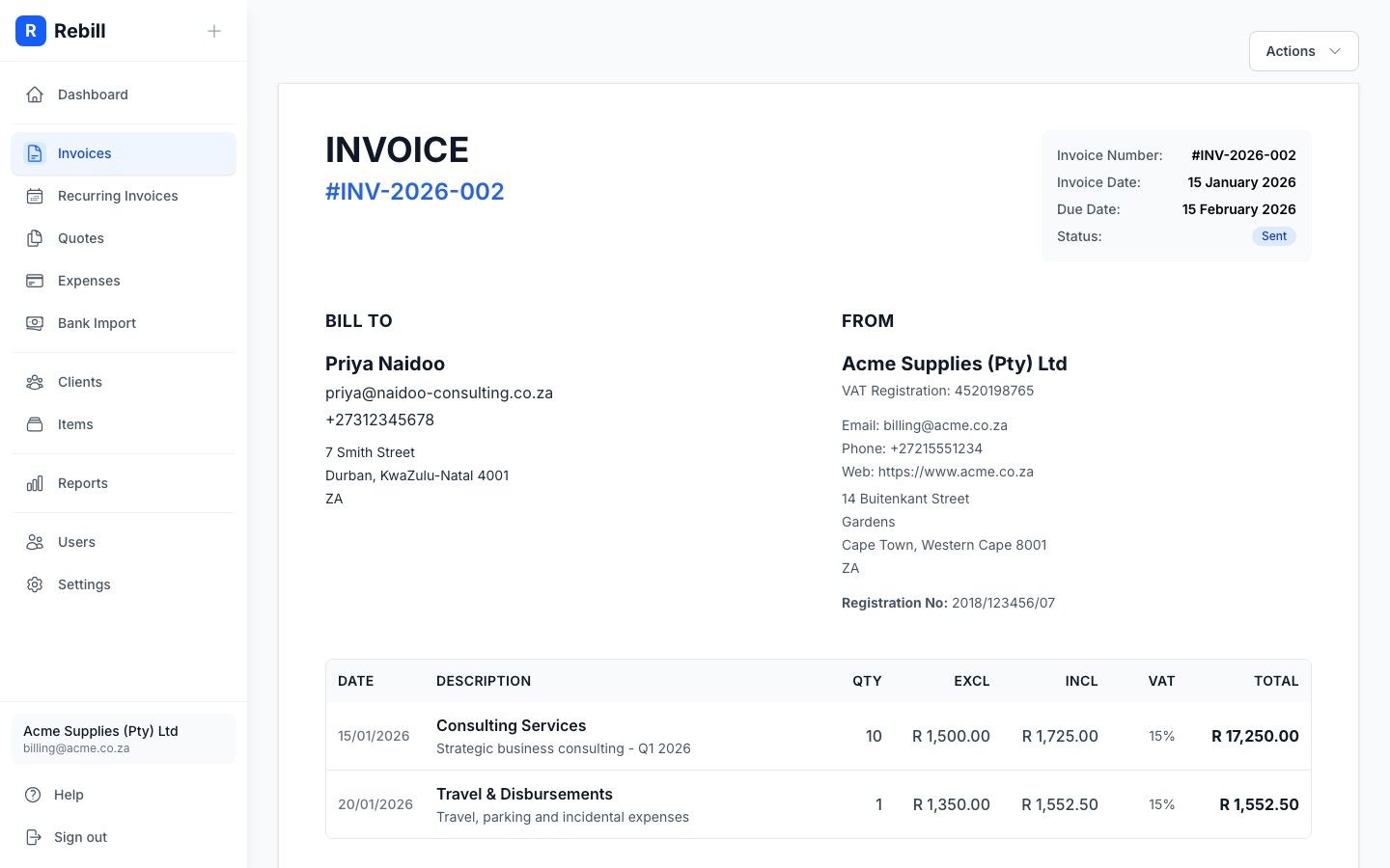 Rebill SARS-compliant tax invoice detail screen showing line items, VAT breakdown and sent status