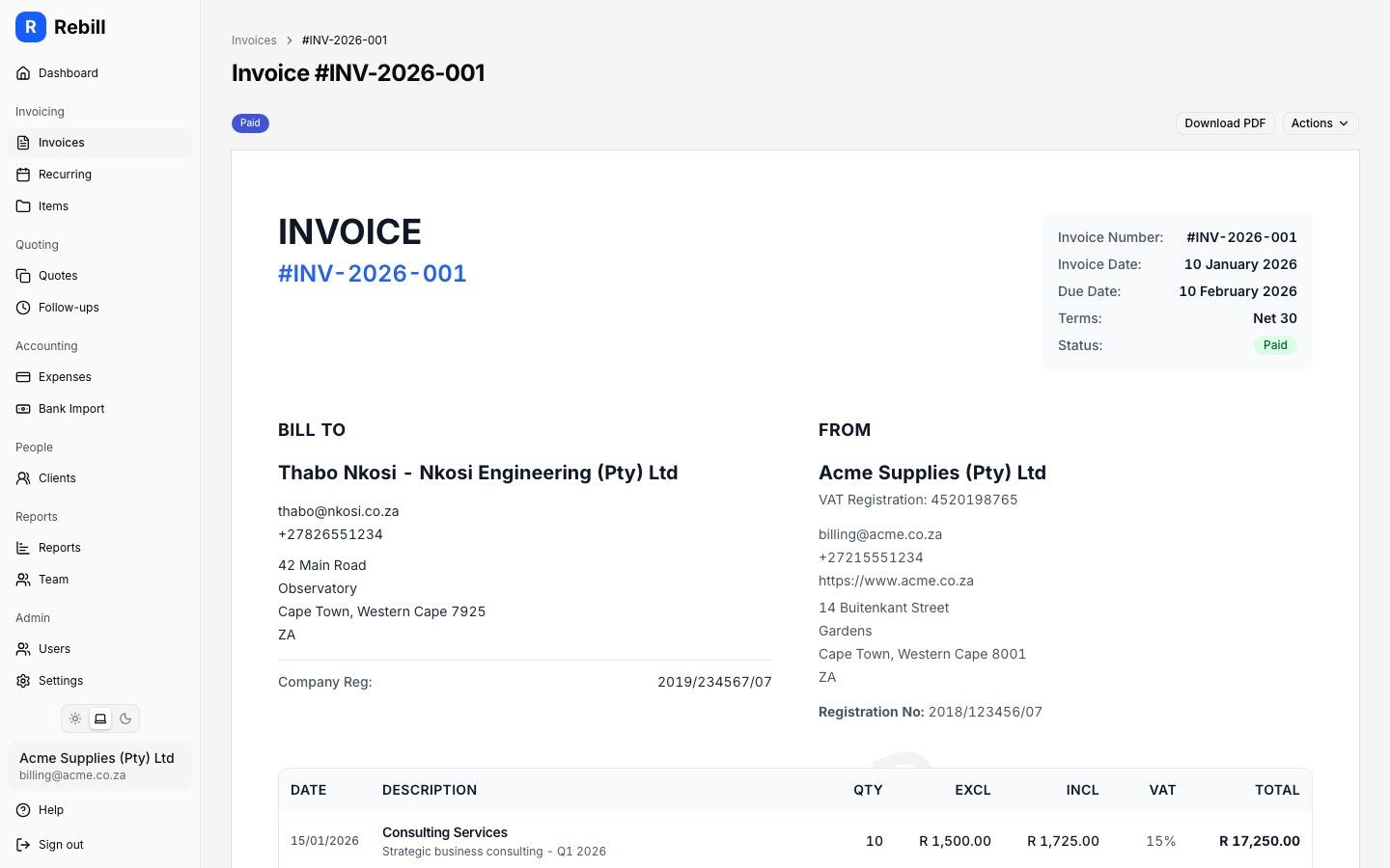 Rebill invoice payments section showing recorded card and EFT payments against an invoice