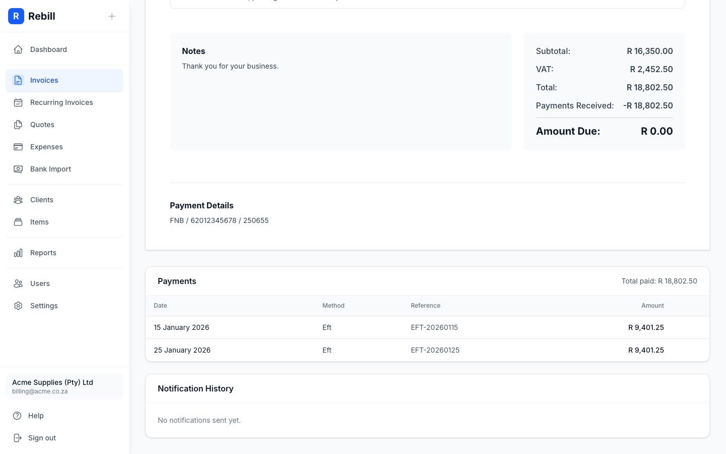 Rebill invoice payments section showing recorded card and EFT payments against an invoice