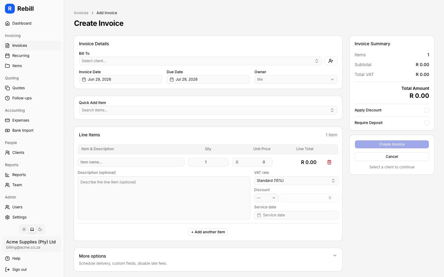 Rebill invoice scheduling form with a future send date enabled for a drafted invoice