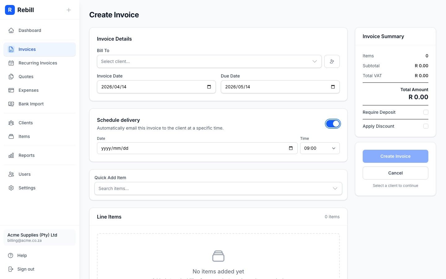 Rebill invoice scheduling form with a future send date enabled for a drafted invoice