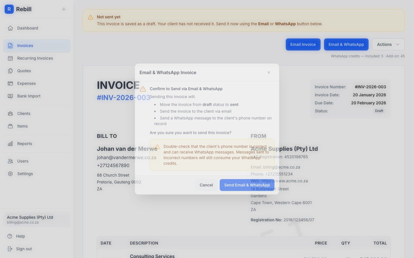 Rebill send invoice via WhatsApp modal showing the client phone number, preview message and pay link