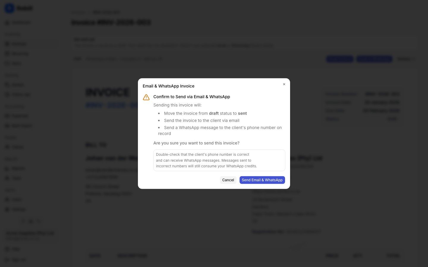 Rebill send invoice via WhatsApp modal showing the client phone number, preview message and pay link
