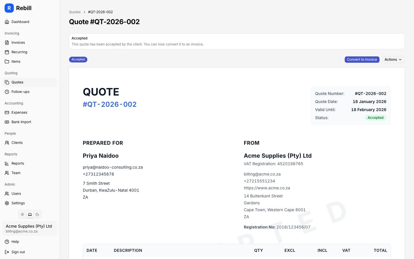 Rebill quote detail view showing line items, total, accepted status and convert to invoice action