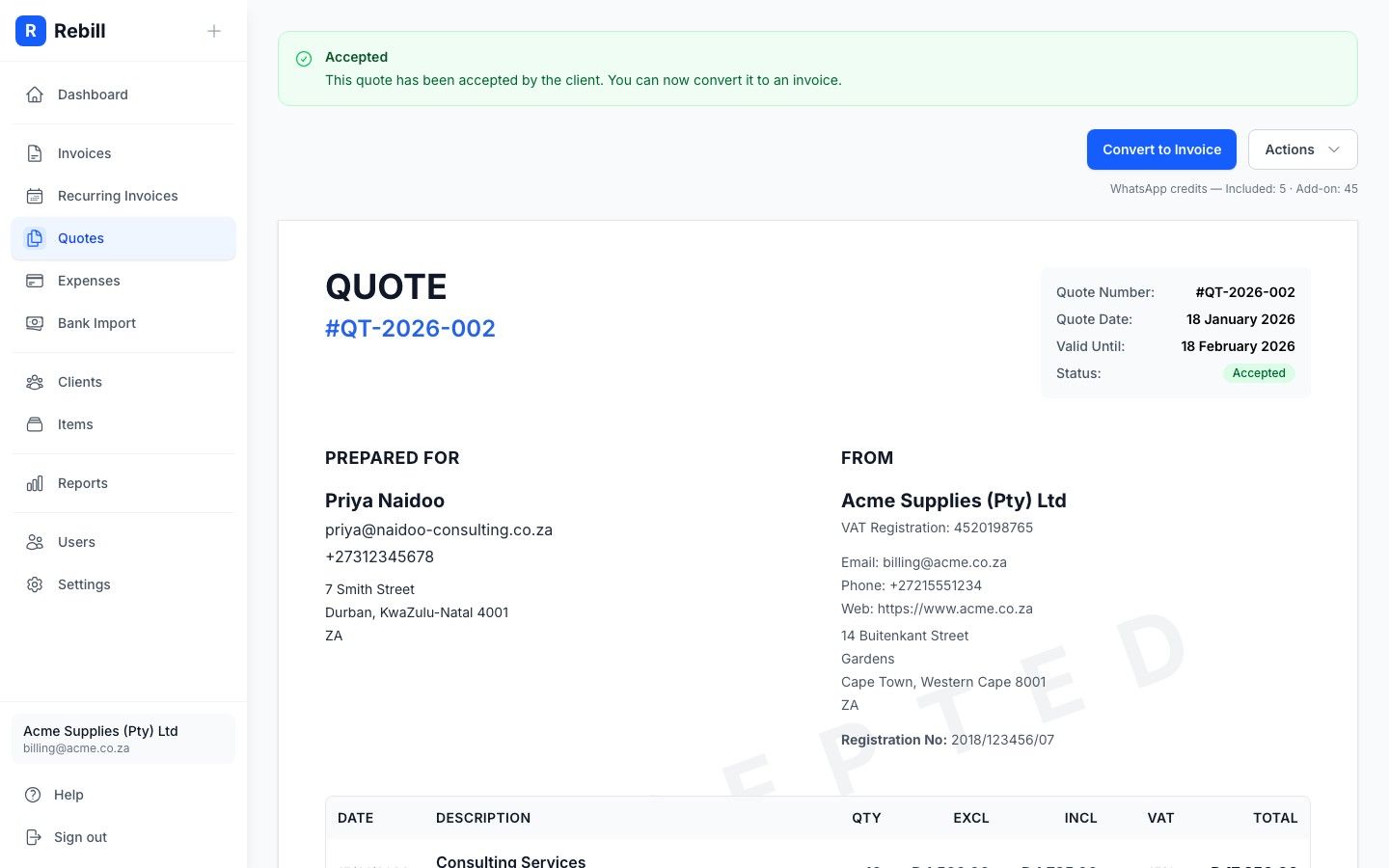 Rebill quote detail view showing line items, total, accepted status and convert to invoice action