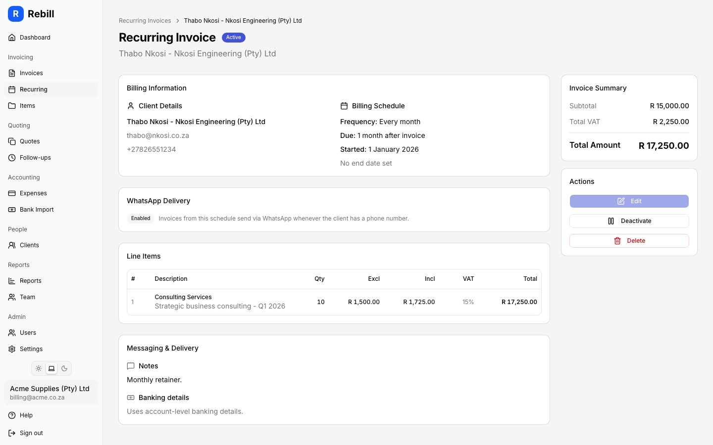 Rebill recurring billing schedule detail showing monthly cadence, client, line items and next invoice date