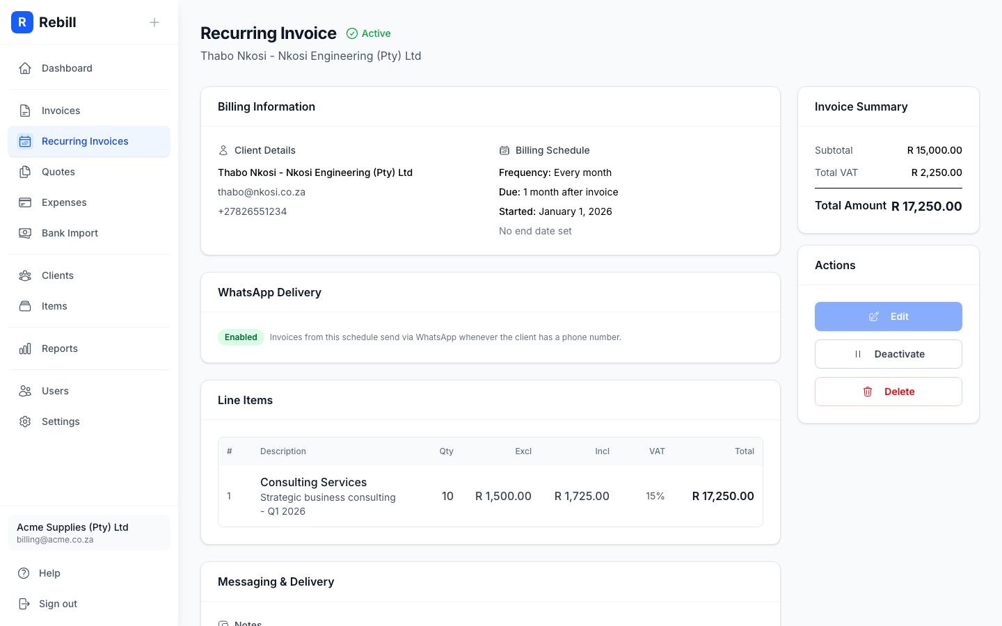 Rebill recurring billing schedule detail showing monthly cadence, client, line items and next invoice date