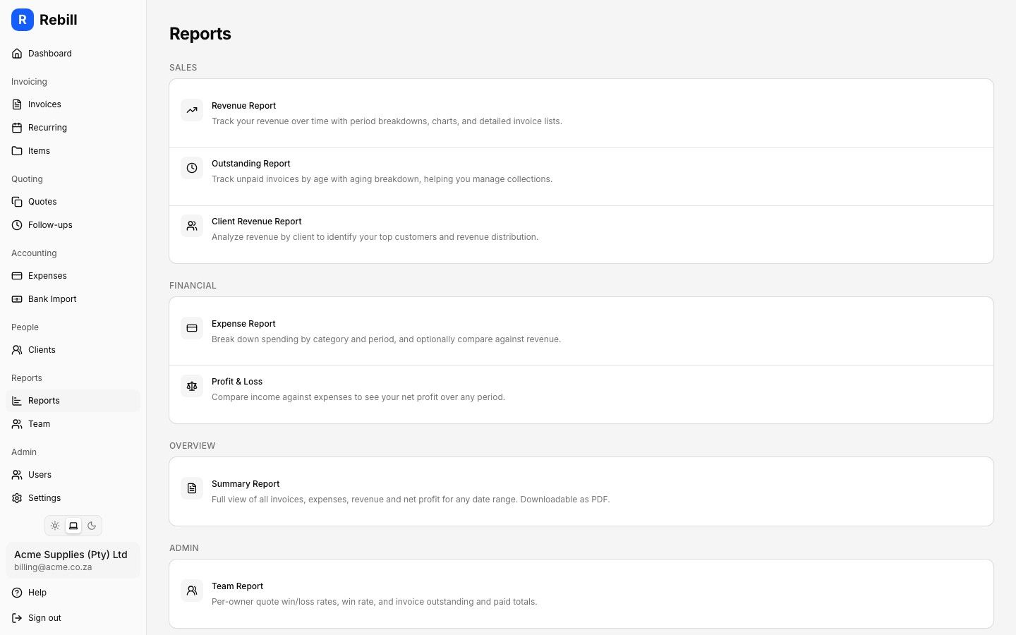 Rebill reports index showing aging, revenue, client analytics, expenses and profit and loss report tiles