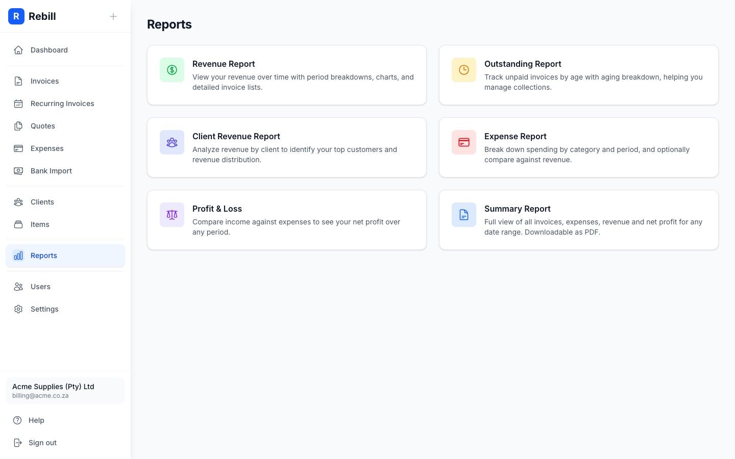 Rebill reports index showing aging, revenue, client analytics, expenses and profit and loss report tiles