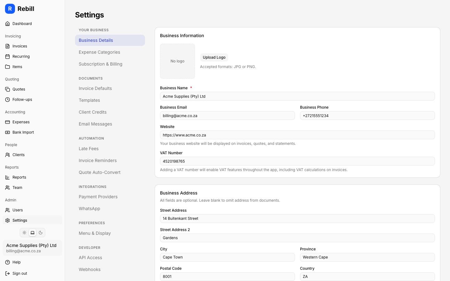Rebill business settings tab showing company registration details, VAT number and POPIA-aligned data handling