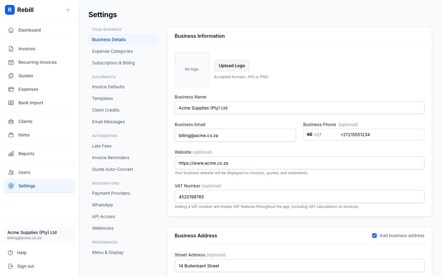 Rebill business settings tab showing company registration details, VAT number and POPIA-aligned data handling