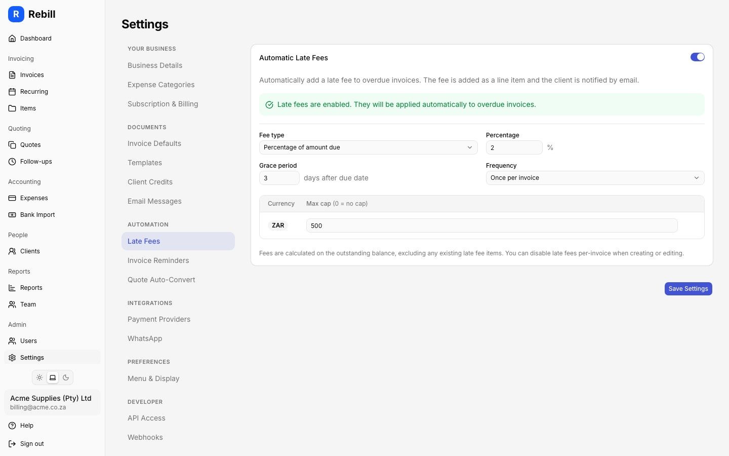 Rebill late fee settings screen showing fee type, amount and grace period configuration