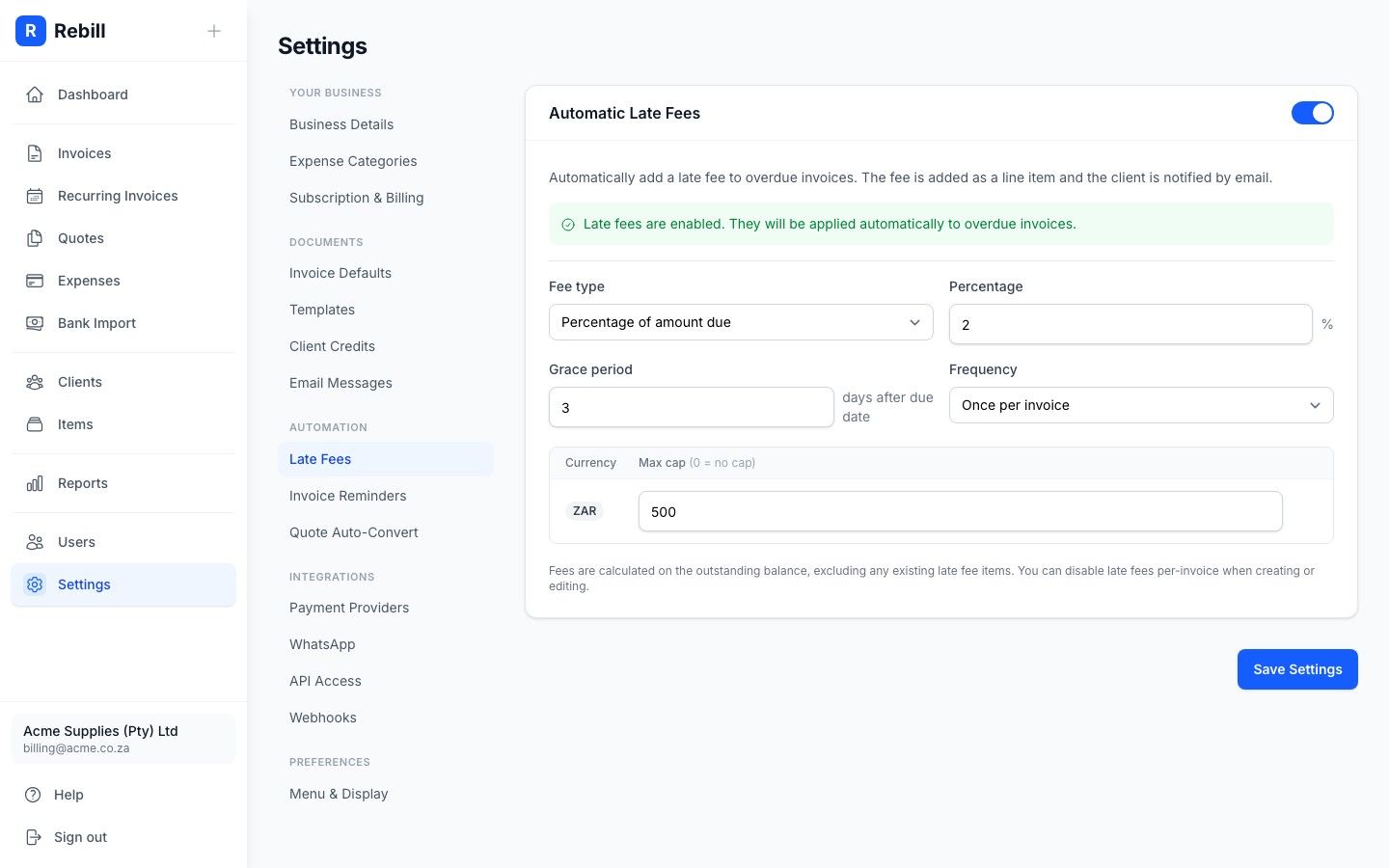 Rebill late fee settings screen showing fee type, amount and grace period configuration